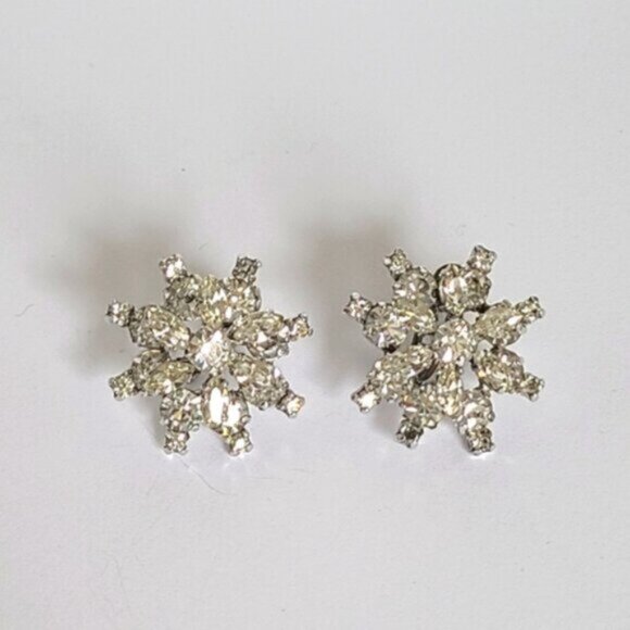 Vintage Sterling Silver Crystal Cluster Snowflake Chunky Large Stud Earrings - Picture 3 of 10